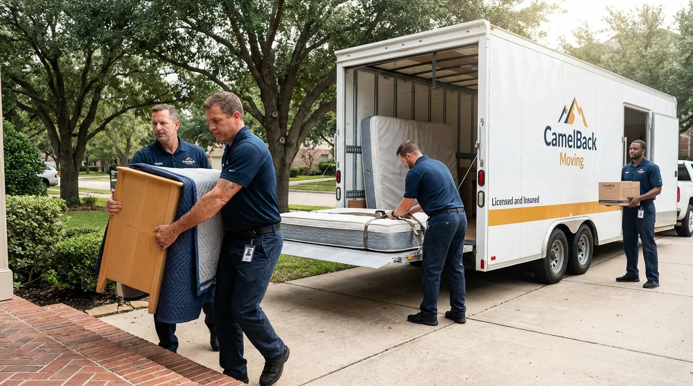 Crew loading residential truck for cross-state move from Lindstrom, MN