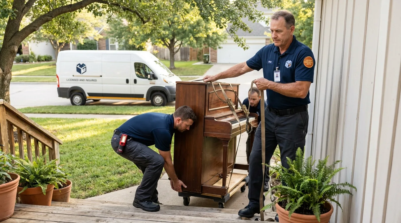 Licensed piano movers securing grand piano in Lindstrom, MN