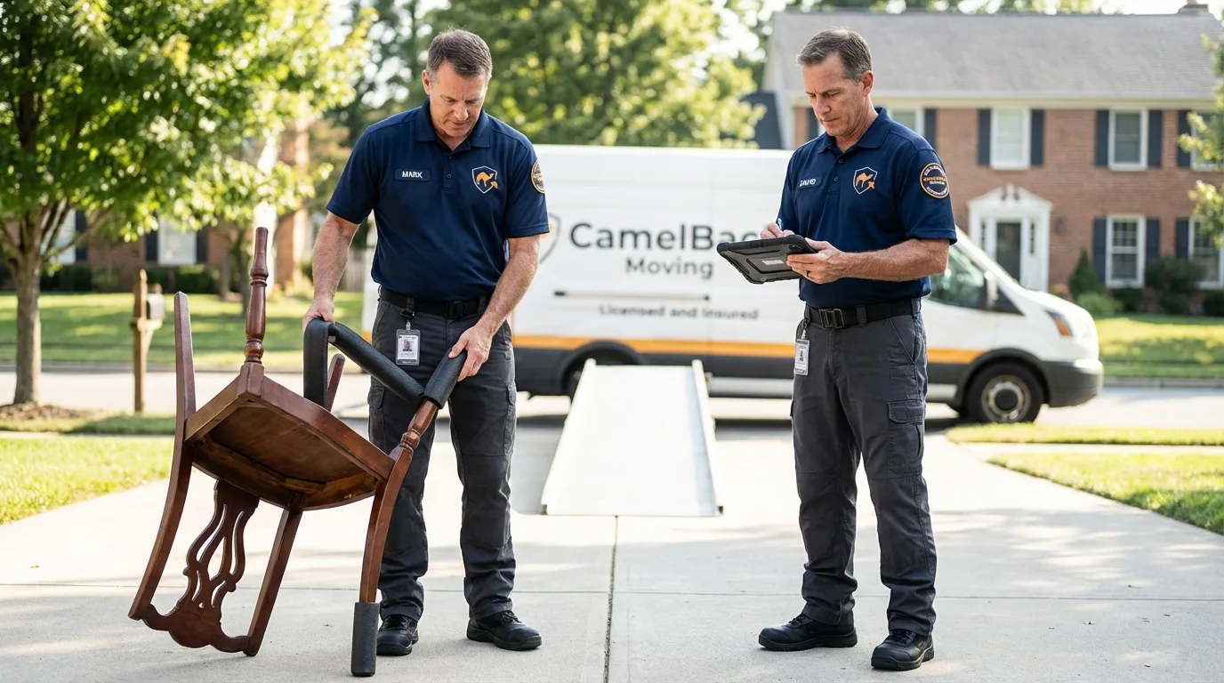 Movers inspecting furniture for damage prevention before loading in Lindstrom, MN