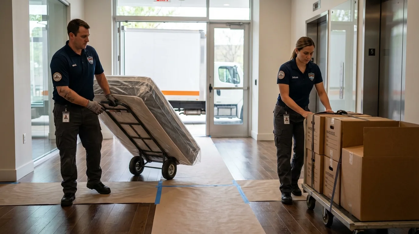 Professional apartment movers loading elevator in Lindstrom, MN