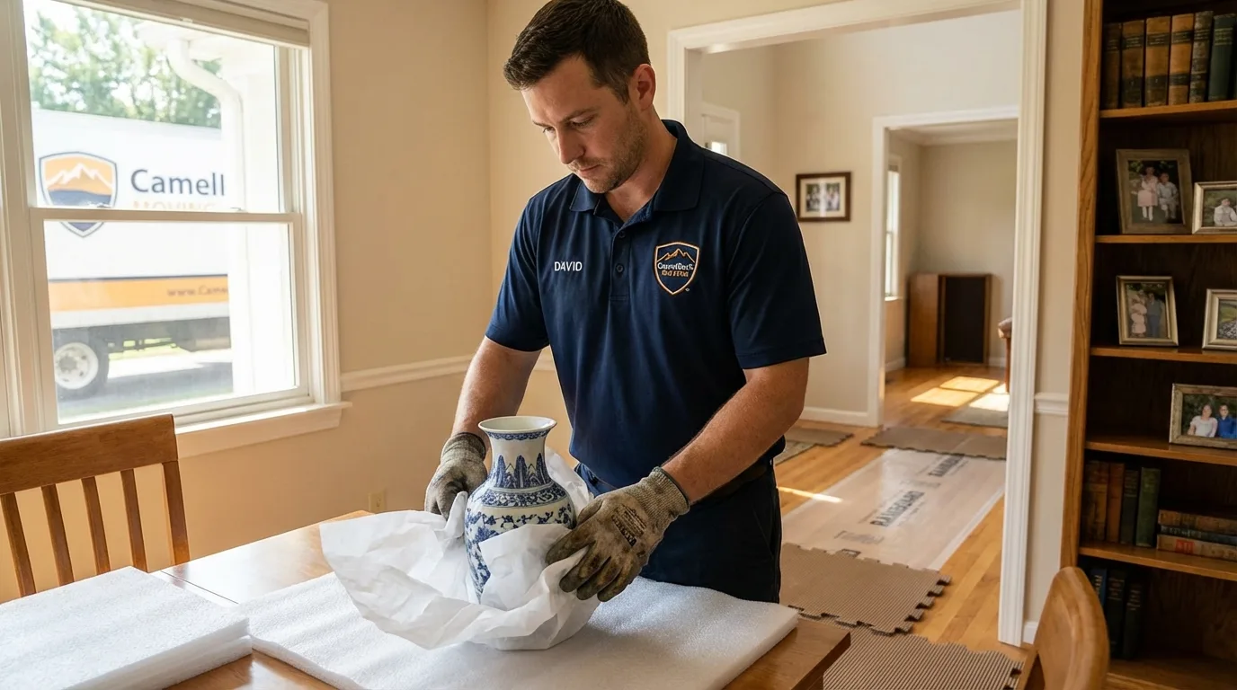 Professional crew carefully wrapping antique vase for senior downsizing move in Lindstrom, MN