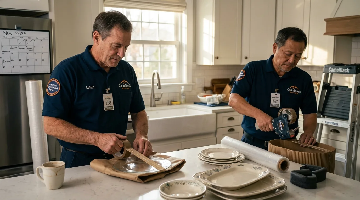 Professional crew packing kitchen dishware in Lindstrom, MN